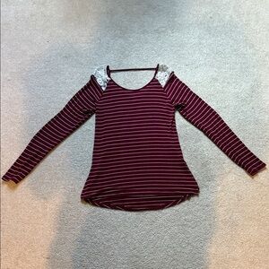 Striped Burgundy Long Sleeve Top with Lace Detail. Small Boutique good condition